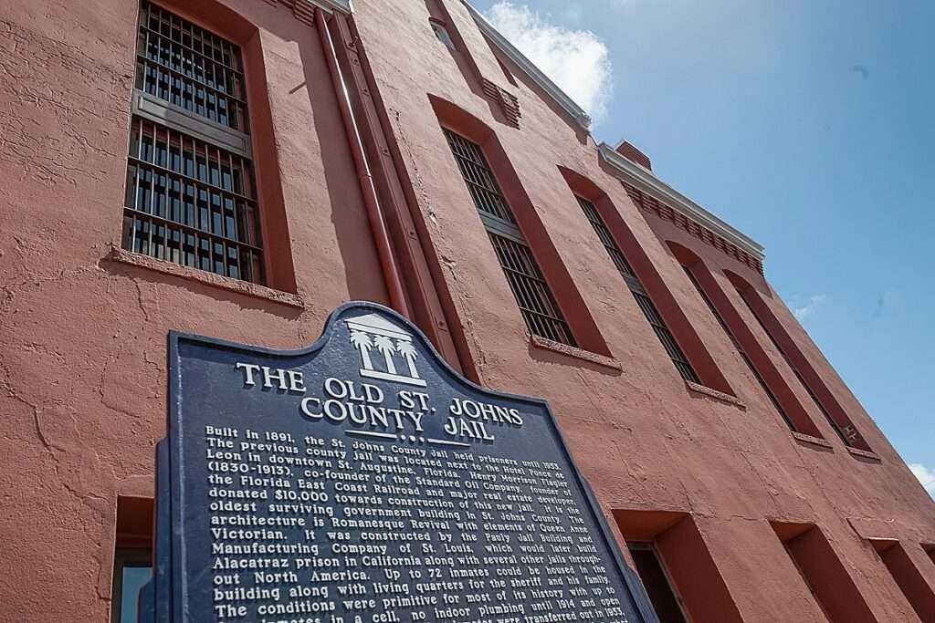 A closeup photo of the Old St. Johns County Jail sign