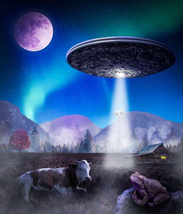 A flying saucer beams up a cow at Skinwalker Ranch