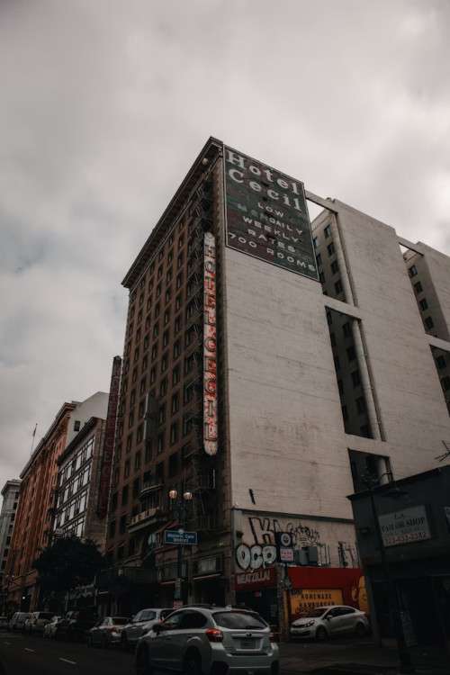 The Cecil Hotel sign from across the street