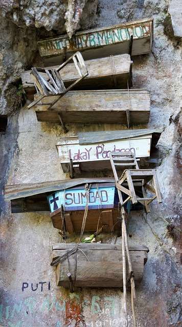 A view of the hanging coffins from below