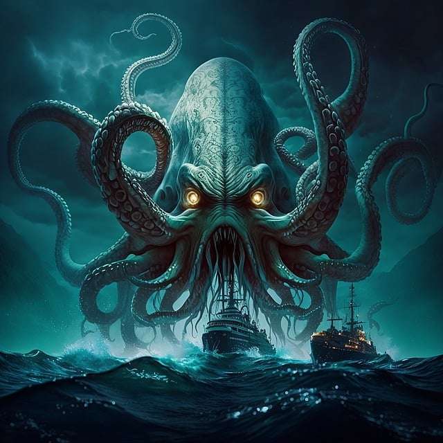 The kraken looms over a ship