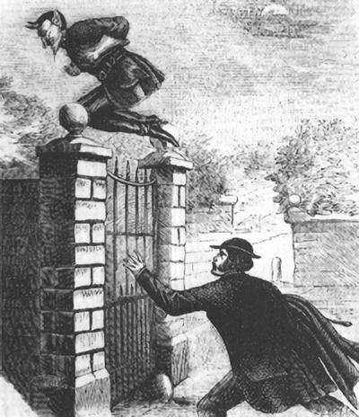 Spring-Heeled Jack jump a fence while being pursued