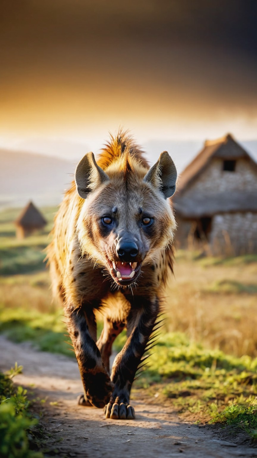 The Beast of Gevaudan walks along a foot path in a French village