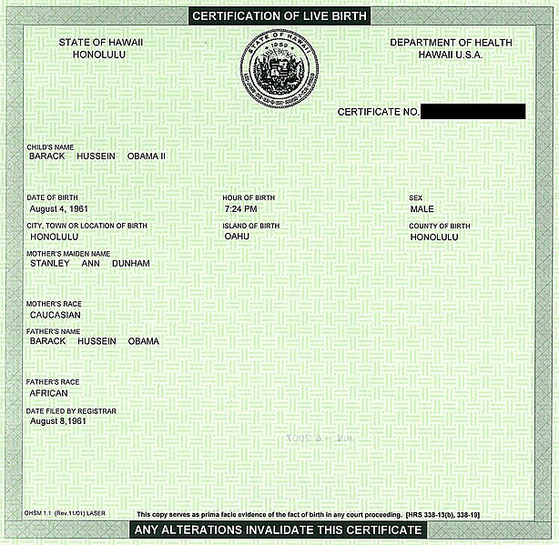 Barack Obama Certification Of Live Birth Hawaii