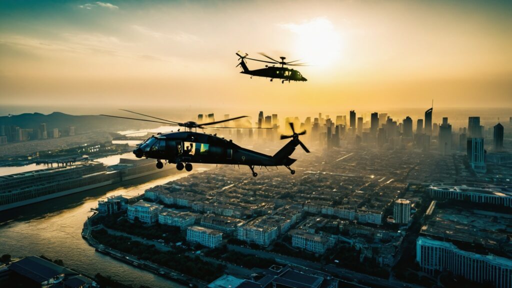 a Black Hawk helicopter flying over a city