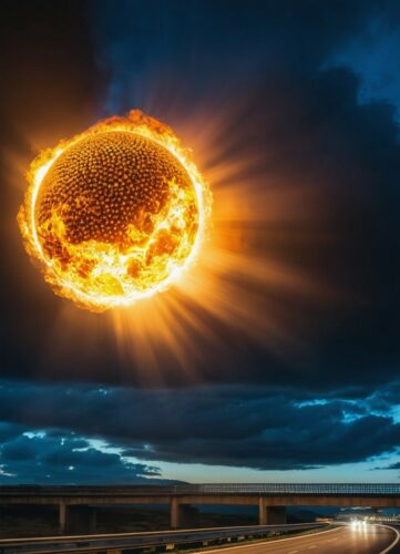 a ball of fire hovering above a highway at night