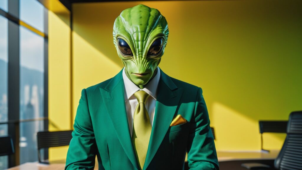 a reptilian in a suit standing in an office