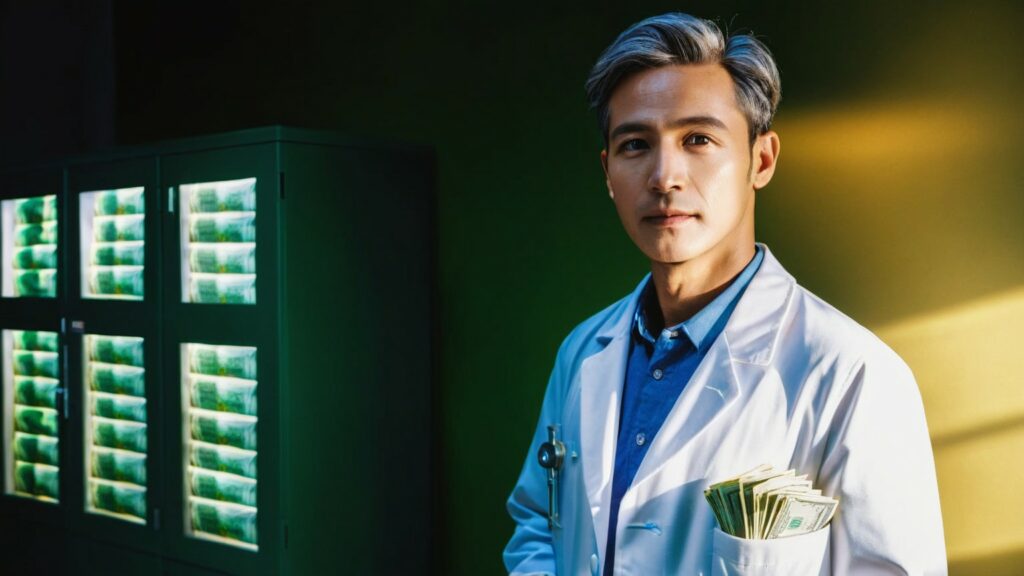 a man in labcoat holding a bunch of money