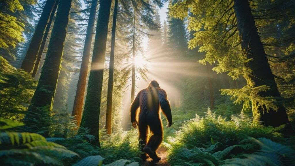 Bigfoot walking through the forest