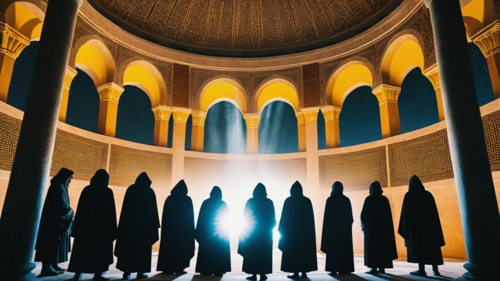 cloaked figures in a circle around an altar