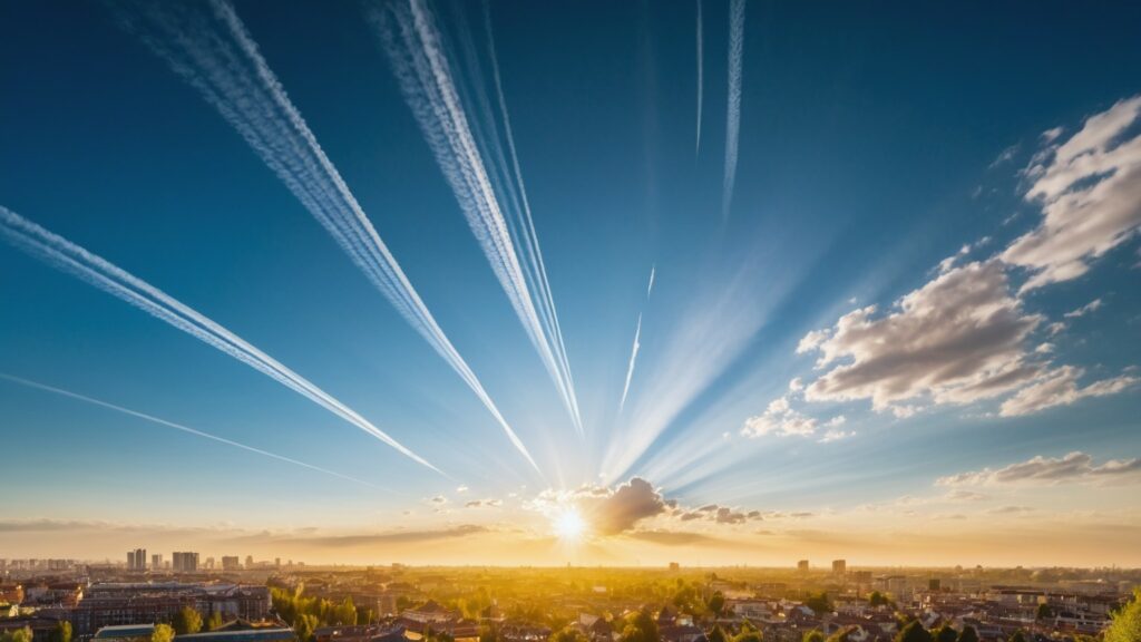 crisscrossing Chemtrails in a clear sky over a city