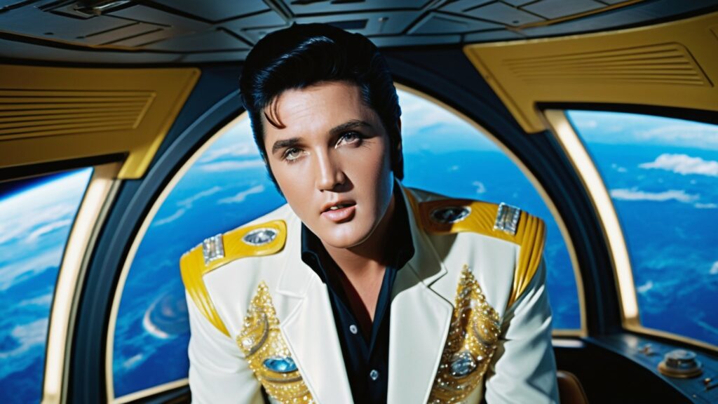 elvis presley sitting in a ufo in outer space