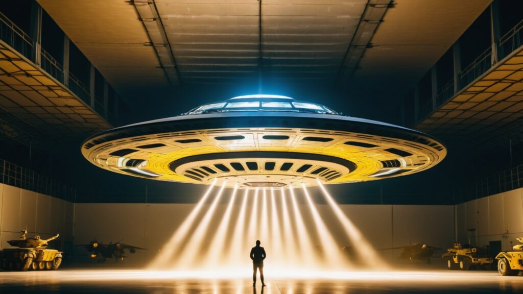 ufo hovering in an airforce base hangar 