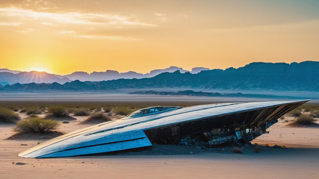 wreckage of an alien spaceship in the desert